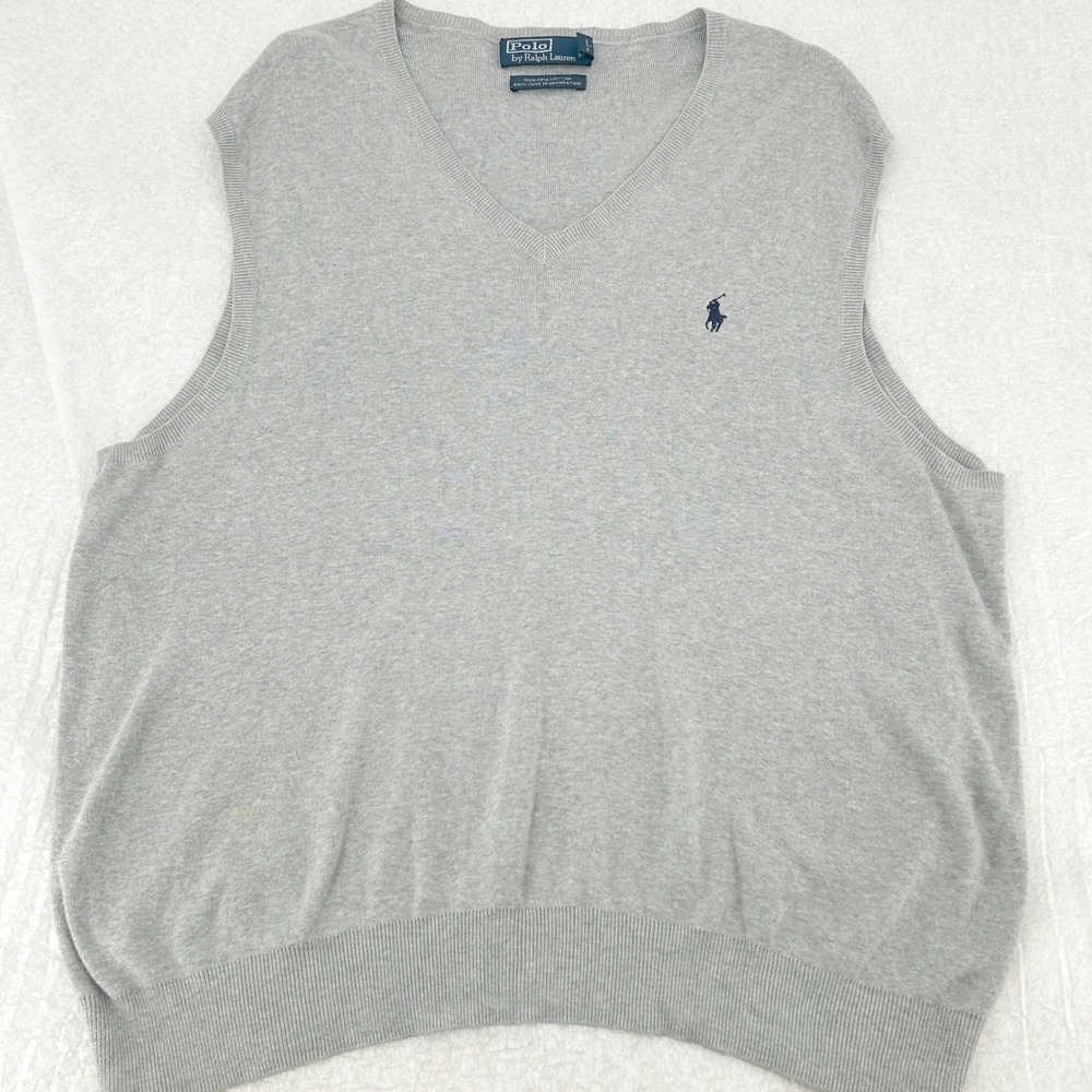 Vintage Polo Ralph Lauren Mens Sweater Vest XXL Gray Pima Cotton V-Neck Preppy